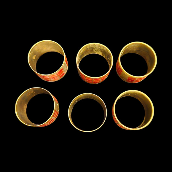 Vintage Brass & Red Enamel Napkin Rings Set 6 Mosaic Square Design Mid-Century - Picture 3 of 3